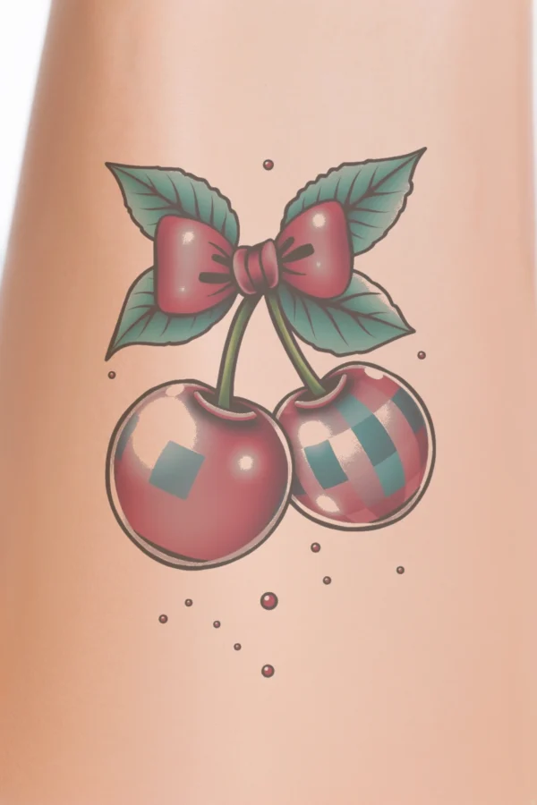 A vibrant temporary temporary tattoo design featuring two realistic red cherries, each adorned with a red bow. The cherries are positioned on opposite sides, with one bow on the left cherry and the other on the right. Their dark green stems point upward, suggesting readiness to