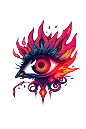 A vivid temporary tattoo design featuring a central eye illustrated in black, red, and blue. The eye faces right and is encircled by dynamic flames in red, orange, and yellow, along with intricate floral elements in pink, purple, and blue
