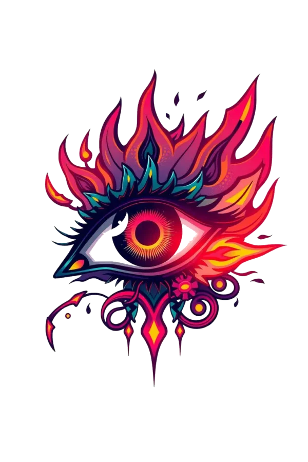 A vivid temporary temporary tattoo design featuring a central eye illustrated in black, red, and blue. The eye faces right and is encircled by dynamic flames in red, orange, and yellow, along with intricate floral elements in pink, purple, and blue