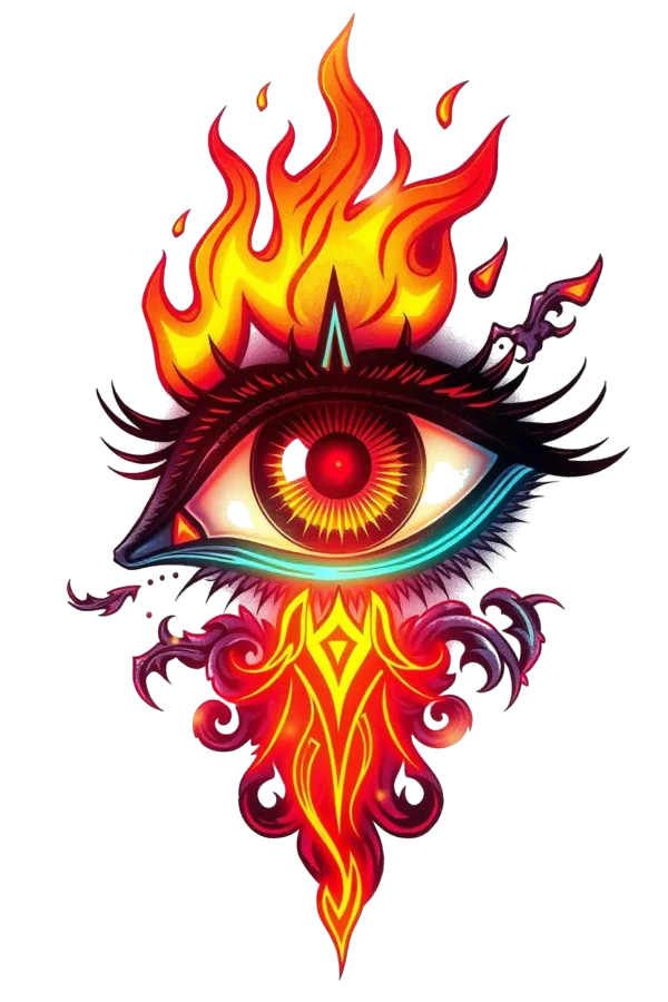 Temporary temporary tattoo design featuring a stylized eye as the central focus, illustrated in vibrant shades of red, orange, and yellow. The iris and pupil display intricate details, with the pupil highlighted in a striking yellow. Surrounding the eye, a dynamic fiery