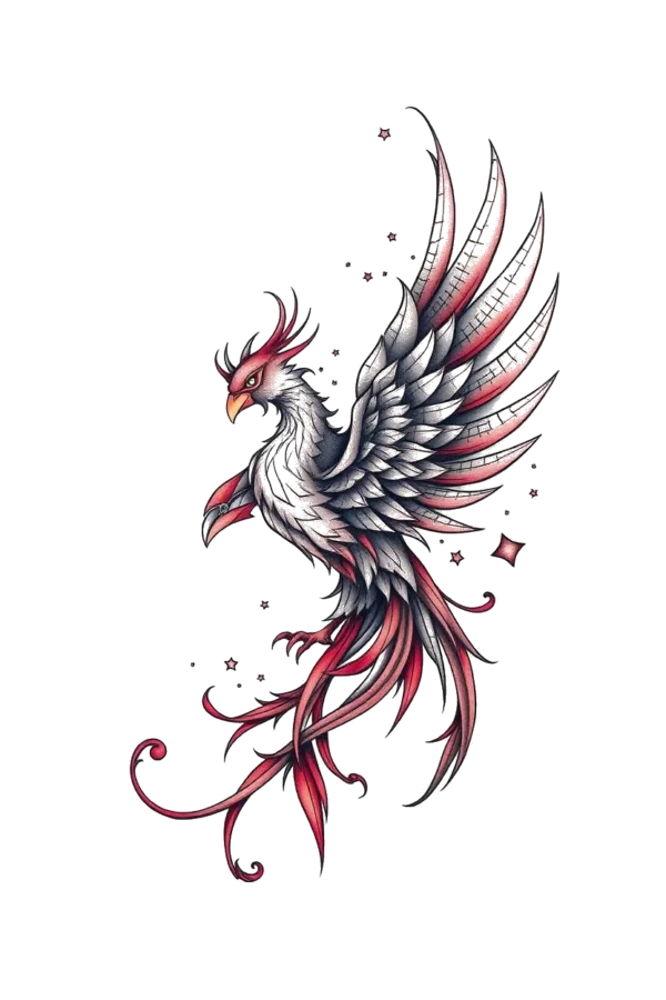 A temporary temporary tattoo design featuring a majestic, stylized phoenix in mid-flight. The bird's body is mainly white, adorned with intricate red and black patterns. It has a striking red crest on its head and a long, pointed beak. Its wings