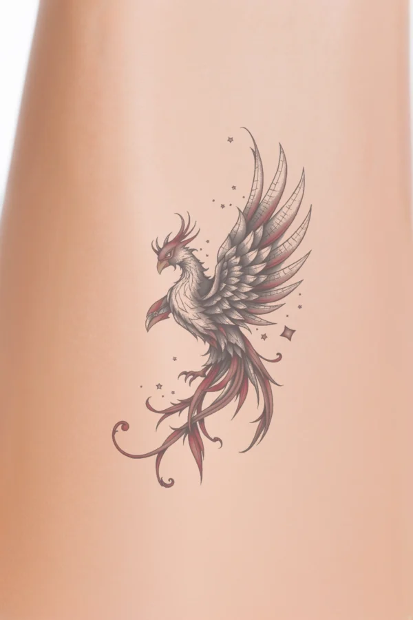 A vibrant temporary temporary tattoo design featuring a dragon's head, prominently displayed on a white background. The dragon's fierce expression is emphasized by its open mouth, showcasing sharp teeth. Its intricate design includes a predominantly blue and purple body, accented with orange and red