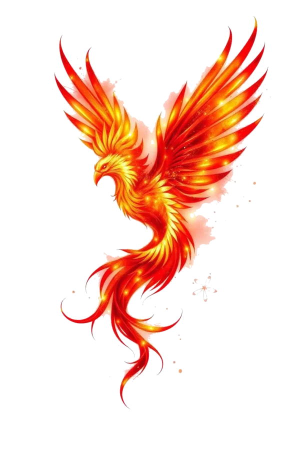 A vivid temporary temporary tattoo design featuring a fiery phoenix in flight. The phoenix's body is a bright red, with wings spread wide showcasing intricate red and orange feathers. Its tail feathers blend the same warm colors, enhancing the fiery look. The head is a