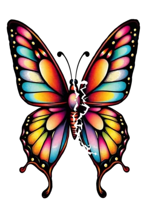 Temporarily tattoo design featuring a vibrant butterfly with wide-spread wings adorned in bold patterns of orange, yellow, and pink, contrasted by striking black and white designs. The butterfly's dark body, possibly black or dark brown, is centrally positioned against