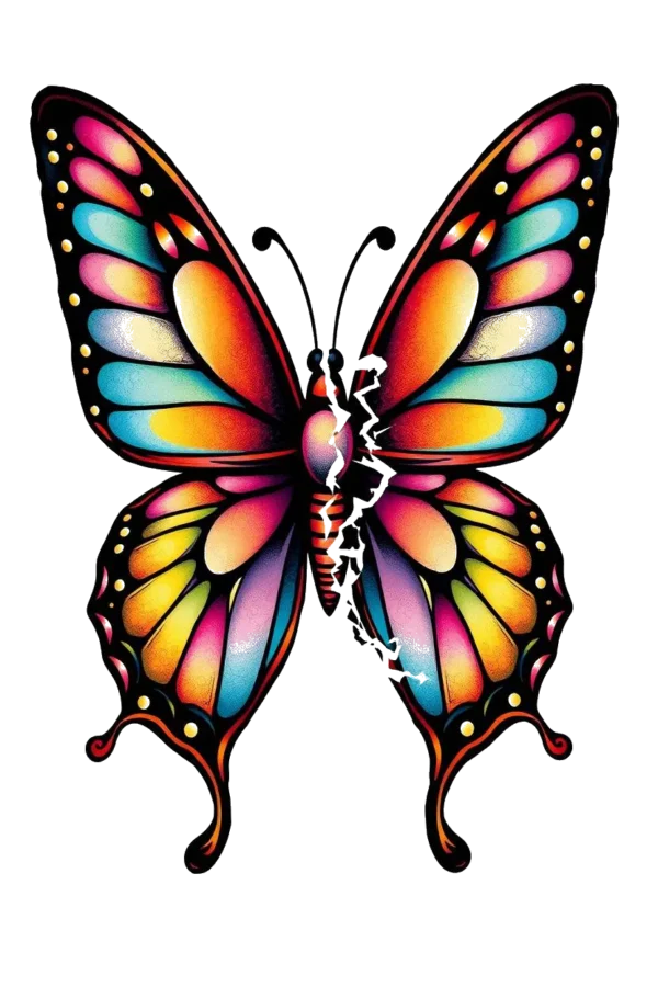 Temporarily temporary tattoo design featuring a vibrant butterfly with wide-spread wings adorned in bold patterns of orange, yellow, and pink, contrasted by striking black and white designs. The butterfly's dark body, possibly black or dark brown, is centrally positioned against