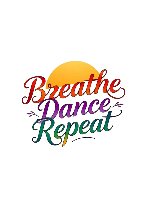 Temporary temporary tattoo design featuring a vibrant logo that reads "Breathe Dance Repeat." The words are styled in cursive, with "Breathe" in warm orange, "Dance" in cool blue, and "Repeat" displaying a gradient from warm yellow to