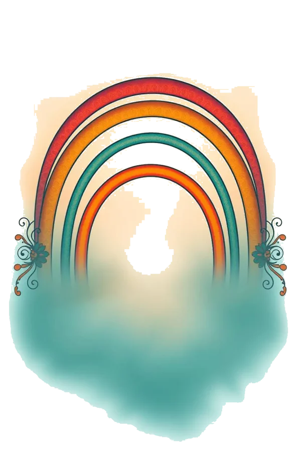A temporary temporary tattoo design featuring a vibrant rainbow arch at the center, radiating colors of red, orange, yellow, green, blue, and purple against a white background. The rainbow is framed by a light beige arch adorned with stylized floral patterns in