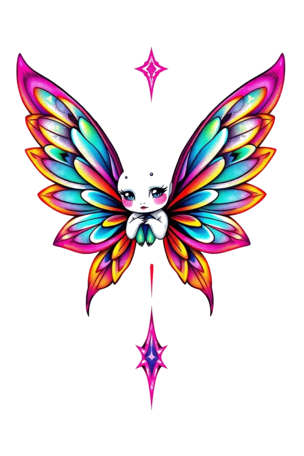 A vibrant temporary temporary tattoo design featuring a fairy-like figure with large, colorful wings. The wings showcase a gradient of pink, orange, and blue hues and are symmetrical, spread wide to suggest movement. The figure's body is stark white, with a pink