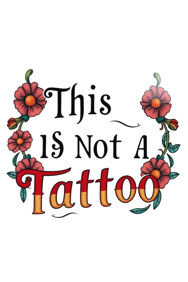 A colorful temporary temporary tattoo design featuring a circular wreath of red and pink flowers styled in traditional temporary tattoo art, complete with detailed petals and stems. The vibrant flowers are set against a stark white background, enhancing their brightness. In the center, the phrase "This