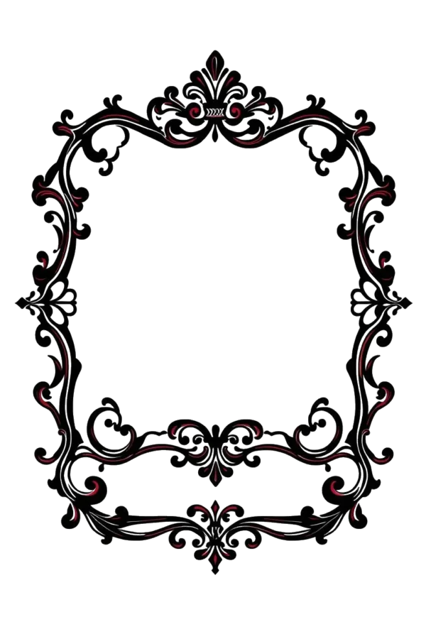 Temporary temporary tattoo featuring a symmetrical ornate frame on a black background. The frame showcases intricate floral and scroll-like patterns, with a central decorative element. The left side of the frame displays a more elaborate design, while the right side features a simpler, geometric pattern