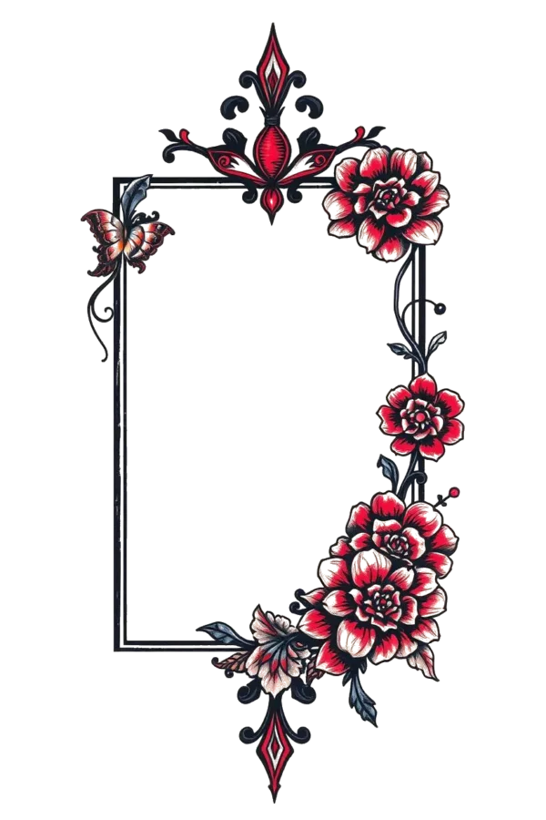 A temporary temporary tattoo design featuring a rectangular black frame with a white border, embellished with a symmetrical decorative border of stylized red and black flowers, a butterfly, and dark red/black leaf elements. The intricate floral arrangement is set against a white background,