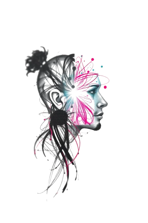 Temporary temporary tattoo featuring a serene portrait of a person’s head and shoulders, with closed eyes and a slight smile. The face is artistically rendered in black, white, and pink hues, with a pink design extending on the right. The hair is styled