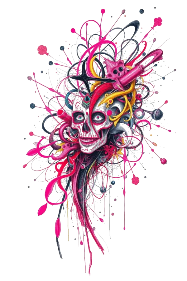 A temporary temporary tattoo design featuring a detailed skull illustration in pink, black, and white. The skull is centrally positioned, with prominent black eye sockets and a wide-open mouth, creating a menacing expression. The skull's face is primarily white, contrasted by