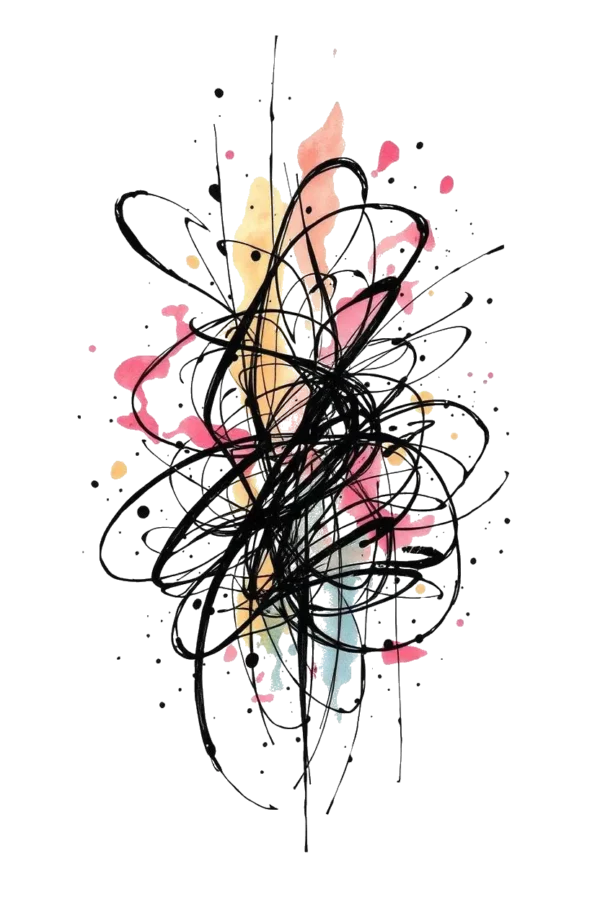 Abstract temporary temporary tattoo design featuring bold, thick black lines interspersed with vibrant splashes of pink, orange, and yellow. The lines are dynamic and irregular, conveying a sense of spontaneity, while contrasting with the stark white background. The composition combines