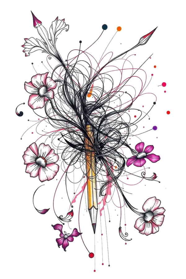 Temporary temporary tattoo design featuring a central yellow and black pencil surrounded by dynamic black lines and swirls, creating a sense of movement. The pencil is adorned with pink flowers, some appearing in motion while others are stationary. The stark white background enhances the vibrant colors