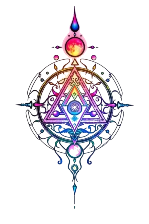 A vibrant temporary tattoo design featuring an intricate compass-like motif. It includes geometric shapes, with a central triangle flanked by a smaller triangle, all arranged symmetrically in a circular pattern. The design is rich in color, showcasing shades of pink,