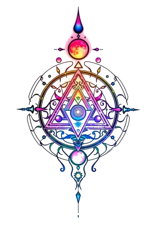 A vibrant temporary temporary tattoo design featuring an intricate compass-like motif. It includes geometric shapes, with a central triangle flanked by a smaller triangle, all arranged symmetrically in a circular pattern. The design is rich in color, showcasing shades of pink,