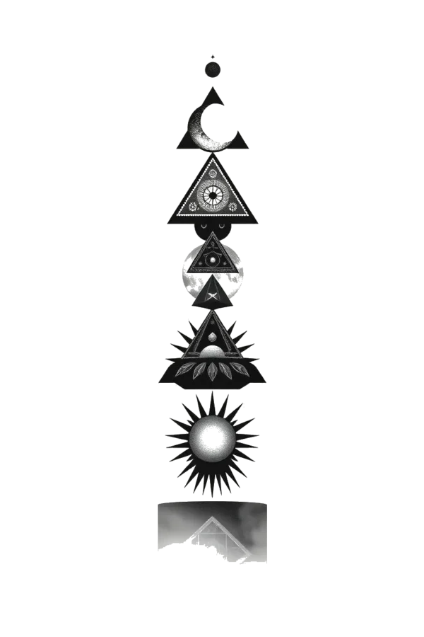 Temporary temporary tattoo design featuring a tall, slender structure with a pointed top, embellished with geometric shapes including a crescent moon, a triangle, and a sun-like symbol. A small black dot decorates the top of the structure. The minimalist composition is set