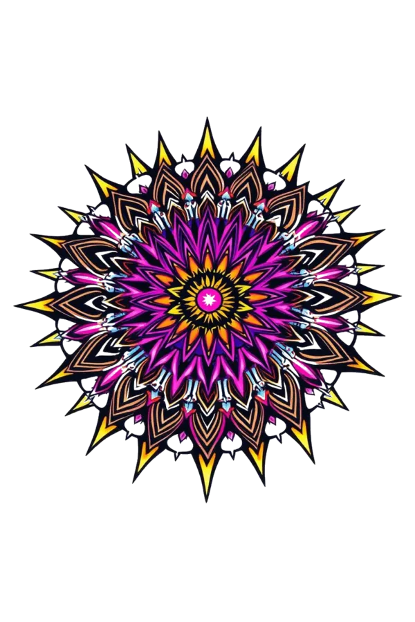 A symmetrical mandala temporary tattoo design featuring intricate geometric patterns on a white background. The central star-like shape is surrounded by small interconnected shapes, primarily in shades of pink, purple, and orange, with accents of yellow and white. The carefully crafted elements create
