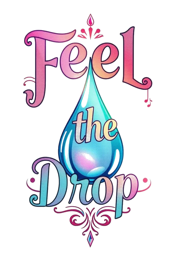 A temporary temporary tattoo featuring the word "Feel" in a vibrant gradient of pink and purple, with a darker shade of pink for the "o." The word is centered above a tilted blue and purple water droplet. Surrounding these elements is a decorative