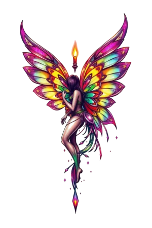 A temporary tattoo design featuring a fantastical winged figure with a human-like body and head. The figure has vibrant pink and purple wings with accents of yellow, orange, and blue, spread wide. It holds a torch in its left hand while its
