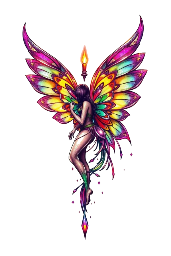 A temporary temporary tattoo design featuring a fantastical winged figure with a human-like body and head. The figure has vibrant pink and purple wings with accents of yellow, orange, and blue, spread wide. It holds a torch in its left hand while its