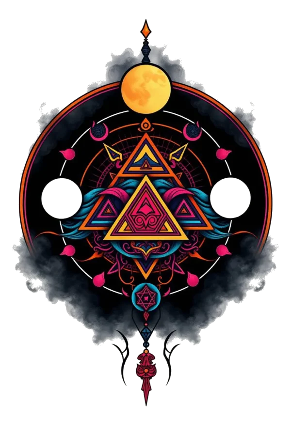 A vibrant temporary temporary tattoo featuring an intricate geometric design, resembling a mandala. The composition includes a large central triangle, a smaller triangle, and a circle, all in shades of orange, pink, and black. A dark circular crescent moon shape is