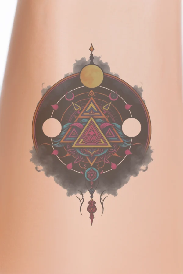 A temporary temporary tattoo design featuring a vibrant butterfly adorned with a colorful array of orange, yellow, pink, and blue wings. The butterfly has intricate patterns illustrating the delicate structure of its wings, which are spread wide and symmetrical, each bearing a central black spot