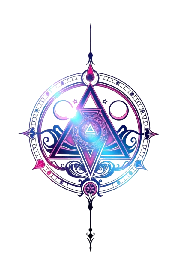 A symmetrical temporary temporary tattoo design resembling a compass rose, featuring a central triangle filled with a radiant blue and purple gradient. The triangle has a smaller, stylized pointed triangle at its center. Surrounding the main shape is a circular border embellished with a repeating