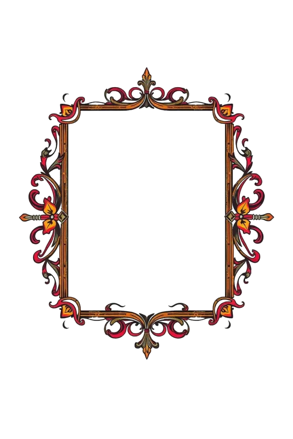 Temporary temporary tattoo design featuring a square frame with a white background, showcasing a symmetrical arrangement of stylized orange and red flowers or leaves at the center. The frame is bordered by an ornate decorative pattern, comprising repeating curved lines and floral elements, enhancing the overall