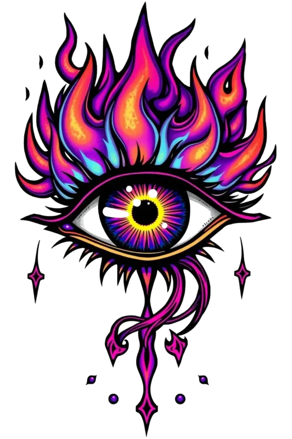 A vibrant temporary temporary tattoo design featuring a central eye illustrated in bold purple, pink, and blue tones with a striking yellow iris. Surrounding the eye are energetic flames and swirling patterns in fiery shades of orange and red. The composition includes intricate abstract elements and