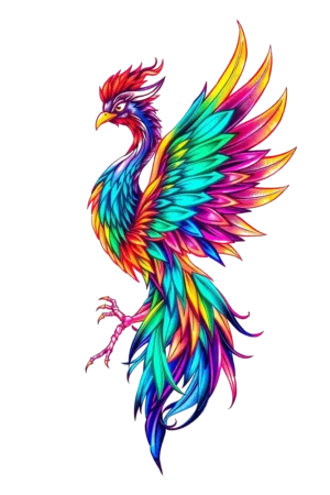 A vibrant temporary tattoo design featuring a phoenix in a dynamic pose, with its wings spread wide and body angled to the left. The bird showcases a rich color palette of red and orange, accented with blue, green, and yellow. Its head is a