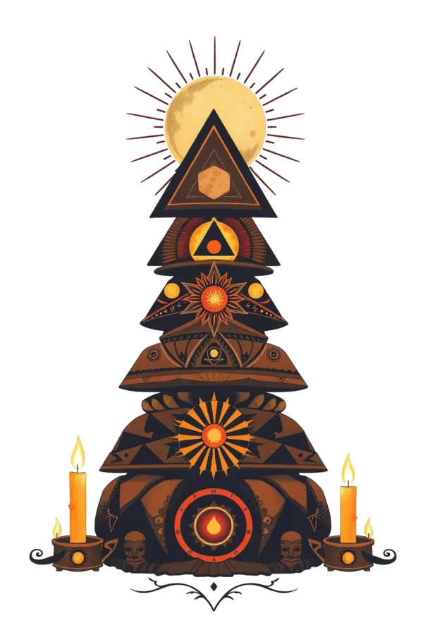 A temporary temporary tattoo design featuring a stylized tree formed from geometric shapes and patterns in brown and orange hues. The dark brown trunk supports intricately designed branches, decorated with a sunburst pattern and a smaller golden-yellow triangle at the top. A large golden