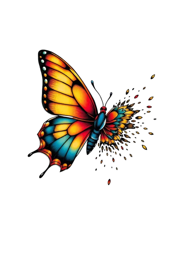 A vibrant temporary temporary tattoo design featuring a butterfly with wide-spread wings showcasing a vivid mix of orange, yellow, and blue colors, adorned with intricate patterns and delicate veins. The butterfly's body is a darker blue, while its head is a lighter blue