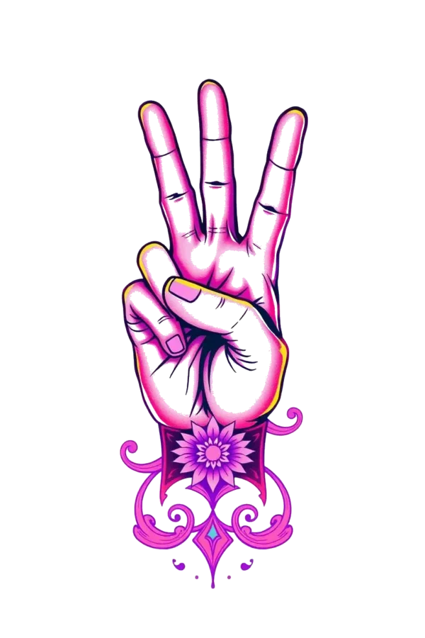 A vibrant pink hand illustration at the center of the image, fingers spread in a peace sign gesture. The hand features a decorative floral motif in pink and purple at the base of the fingers, with hints of other colors. Set against a stark white background