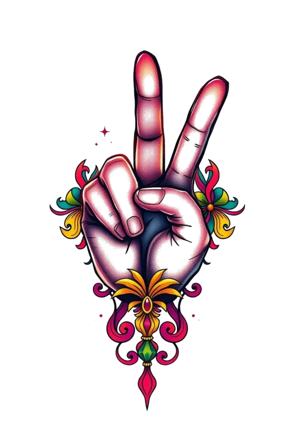 A vibrant temporary temporary tattoo design featuring a stylized hand in a peace sign gesture. The hand, centrally positioned, showcases intricate floral and geometric patterns in shades of pink, purple, and yellow. Set against a stark white background, the elegant details of the