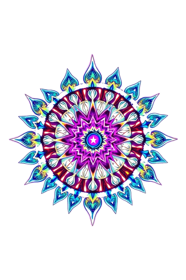 A vibrant temporary temporary tattoo featuring an intricate mandala design. At the center is a pink and purple starburst, surrounded by symmetrical, smaller shapes in shades of blue, green, and purple. The design includes concentric circles with various patterns, all set