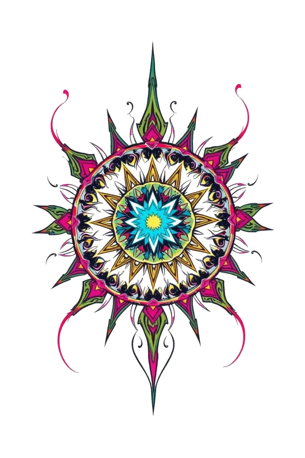 A temporary temporary tattoo featuring a symmetrical mandala design with a central star-like shape in a blue and green gradient. Surrounding this centerpiece is a circular pattern filled with vibrant colors such as pink, blue, green, and yellow. The intricate geometric patterns exhibit