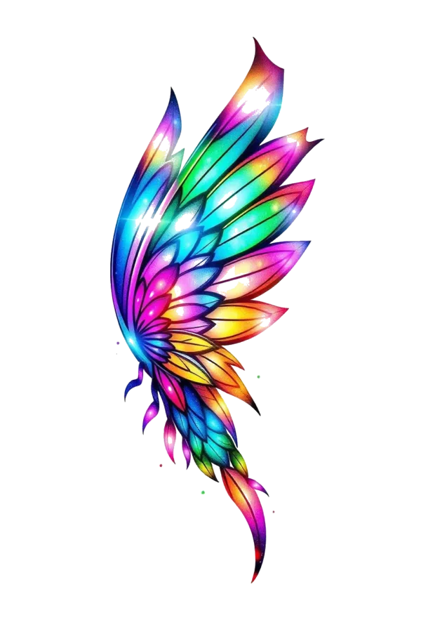 Vibrant temporary temporary tattoo design featuring a multi-colored wing composed of intricately layered feathers. The feathers showcase a variety of bright shades, including blue, pink, orange, yellow, and green, with unique patterns that create depth. The arrangement suggests movement