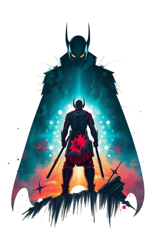 A digital illustration of a superhero resembling Batgirl stands in a dynamic pose on a dark, rocky surface. The superhero wears a dark suit featuring a striking red and black design on the back, complemented by a dark helmet with a black visor. Their dark