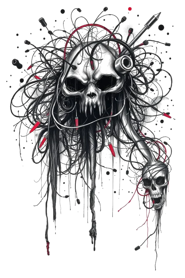 A detailed black and white temporary temporary tattoo design featuring a skull. The skull is intricately decorated with a network of black and red lines and shapes, adding depth to its appearance. Its eye sockets glow in a striking red, and the mouth, teeth,