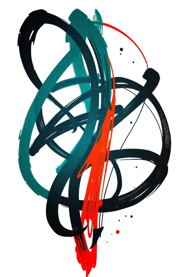 A temporary temporary tattoo design featuring a vibrant abstract composition with bold, swirling lines in shades of red, black, and teal/blue. The dynamic, fluid lines create a sense of movement, with red as the prominent color contrasted sharply by deep black. Te