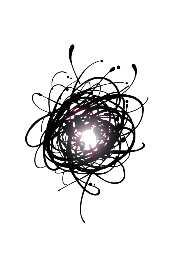 A dynamic, abstract temporary temporary tattoo featuring a bold, black swirling design on a stark white background. The intricate pattern consists of thick, chaotic lines and shapes that create a sense of depth, giving it a three-dimensional effect. The overall composition highlights the striking