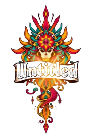 A colorful and intricate temporary tattoo design featuring a stylized skull with a crown-like structure and a radiant starburst at its base. Surrounding the skull are complex geometric shapes and lines, including a stylized snake. The vibrant color palette includes red,