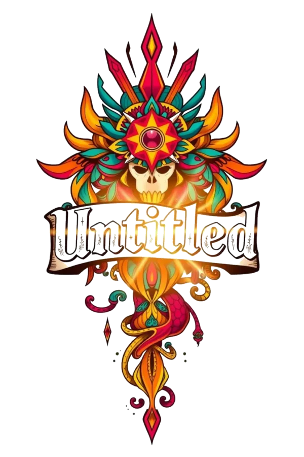 A colorful and intricate temporary temporary tattoo design featuring a stylized skull with a crown-like structure and a radiant starburst at its base. Surrounding the skull are complex geometric shapes and lines, including a stylized snake. The vibrant color palette includes red,