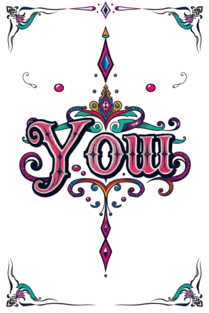 A decorative temporary tattoo design featuring the word "YOUR" in an ornate, stylized font, colored in shades of pink, purple, and blue. It is surrounded by a symmetrical, intricate border in teal, green, and black. The design includes