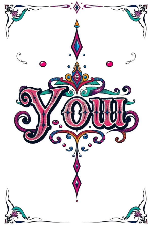 A decorative temporary temporary tattoo design featuring the word "YOUR" in an ornate, stylized font, colored in shades of pink, purple, and blue. It is surrounded by a symmetrical, intricate border in teal, green, and black. The design includes