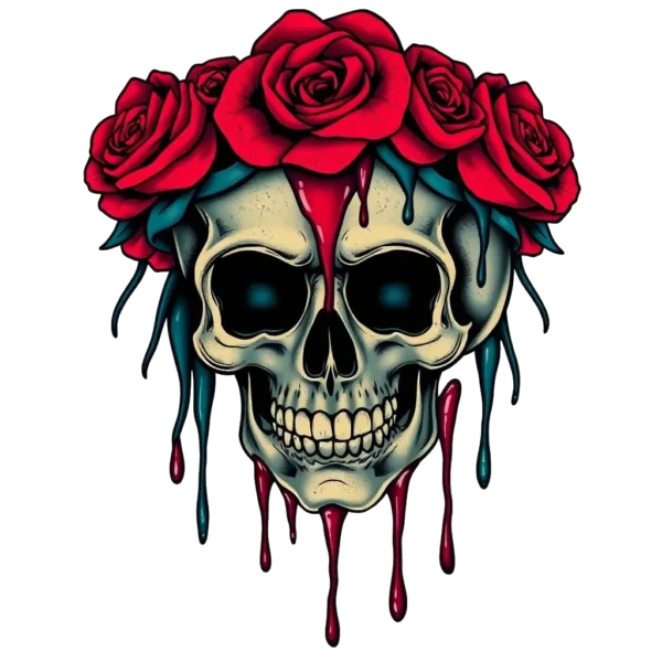 A realistic illustration of a central skull with a light beige tone, featuring an open eye and slightly ajar mouth that conveys a surprised expression. Adorned with a circular crown of vibrant red roses and green leaves, the design emphasizes the skull's dark