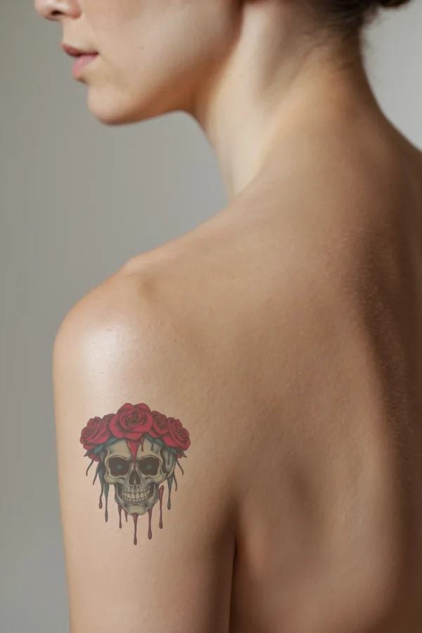 A profile view of a person featuring a detailed temporary temporary tattoo on their shoulder. The temporary tattoo showcases a realistic skull with a light beige skin tone, its mouth slightly open in a surprised expression. Surrounding the skull is a circular arrangement of vibrant red roses with