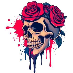 A realistic skull tattoo design is illustrated against a stark white background, facing to the right. The skull is intricately detailed, featuring dark eye sockets and a slightly lighter nose and mouth area. Adorning the skull is a vibrant crown of red roses,